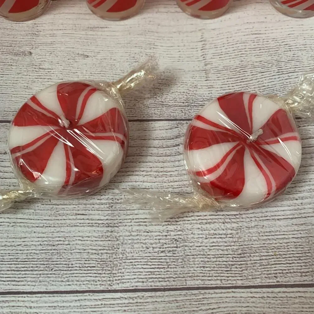 Vintage Peppermint Candy Glass Tealight Votive Candle Holders Set and 2 Candles